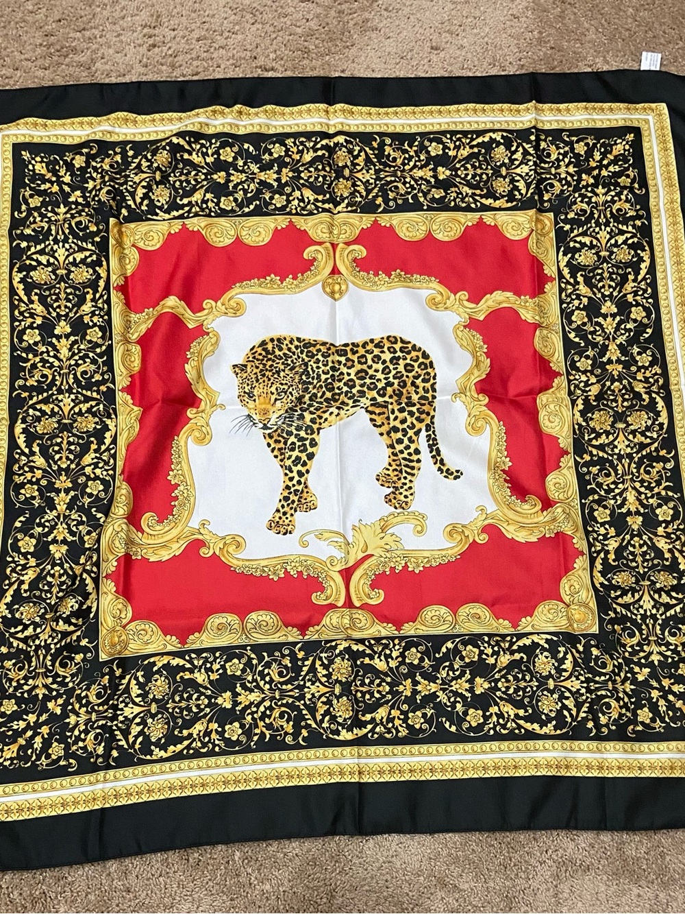 Luxury Leopard Print Polyester Italian Scarf- Black/Red/Gold